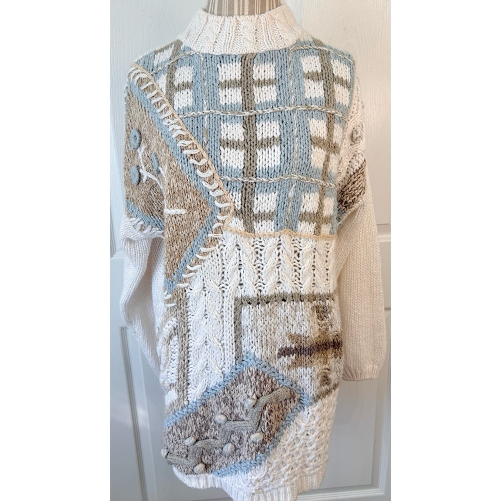 Vintage 80s Hand Knit Chunky 3D Pom Pom Mock Neck Grandma Sweater Medium
